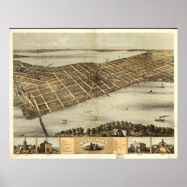 Madison WI 1867 Antique Panoramic Map Poster (Front)