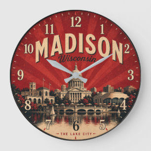 Madison Wisconsin Lake City Vintage Decor Large Clock