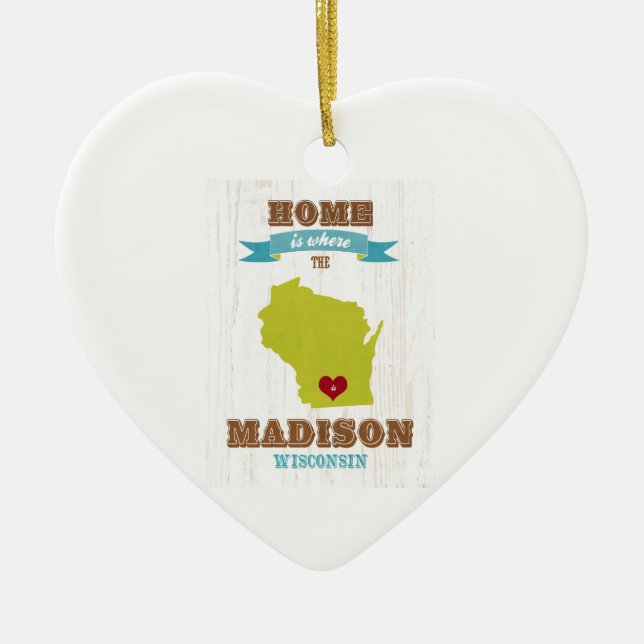Madison, Wisconsin Map – Home Is Where The Heart Ceramic Tree Decoration (Front)