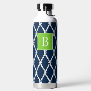 MadisonSage Nautical Rope Monogram Navy & Lime Water Bottle