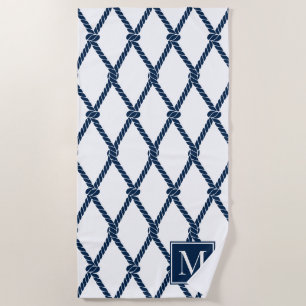 MadisonSage Nautical Rope Monogram – White & Navy Beach Towel