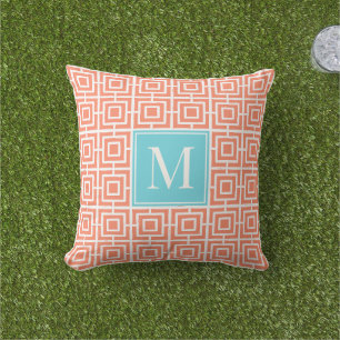 MadisonSage Square Lattice Monogram - Coral & Turq Cushion