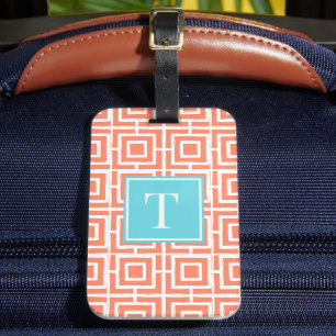 MadisonSage Square Lattice Monogram - Coral & Turq Luggage Tag