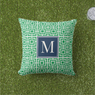 MadisonSage Square Lattice Monogram – Green & Navy Cushion