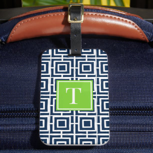 MadisonSage Square Lattice Monogram – Navy & Lime Luggage Tag