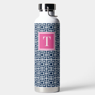 MadisonSage Square Lattice Monogram – Navy & Pink Water Bottle