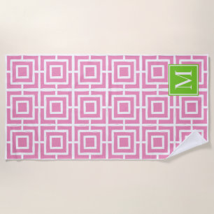 MadisonSage Square Lattice Monogram – Pink & Lime Beach Towel