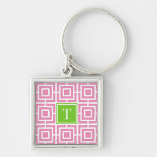MadisonSage Square Lattice Monogram - Pink & Lime Key Ring