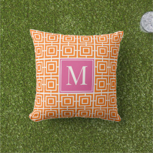 MadisonSage Square Lattice Monogram Pink & Orange Cushion