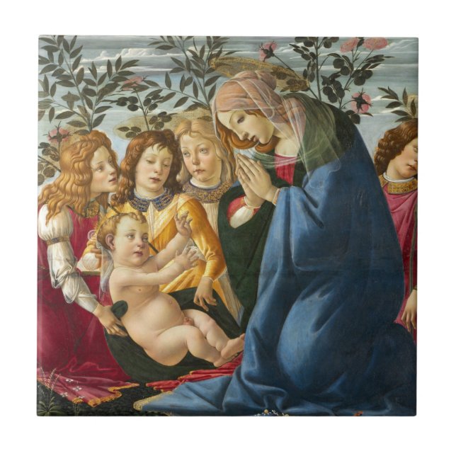Madonna Adoring the Child with 5 Angels Botticelli Ceramic Tile (Front)