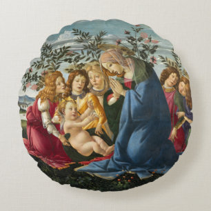 Madonna Adoring the Child with 5 Angels Botticelli Round Cushion