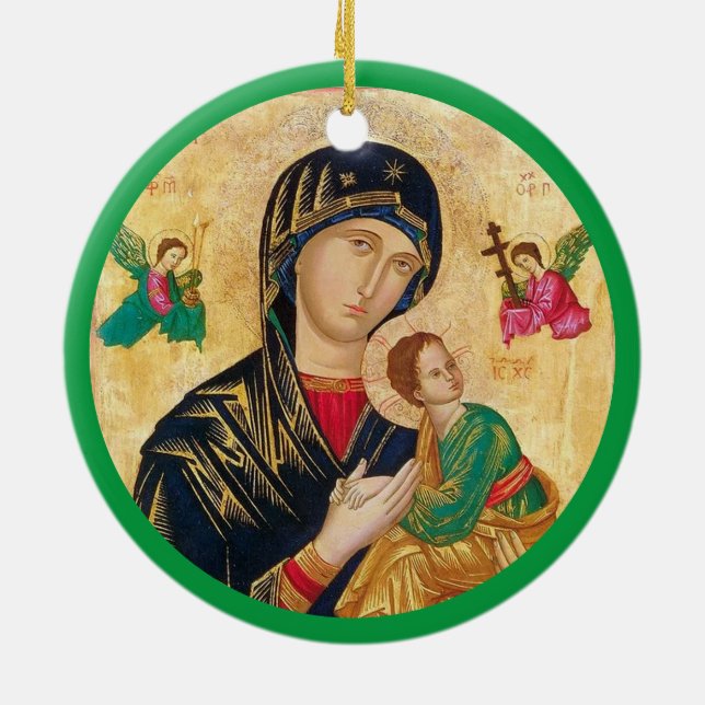 Madonna and child Christmas & green frame Ceramic Ornament (Back)
