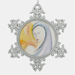 Madonna and Child Modern Religious Christmas Snowflake Pewter Christmas Ornament