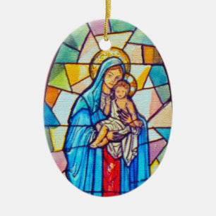 Madonna and Child Nativity Stained Glass Style Ceramic Tree Decoration