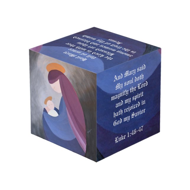 Madonna and Child solid wood 4" x 4" Cube (Back Angled)