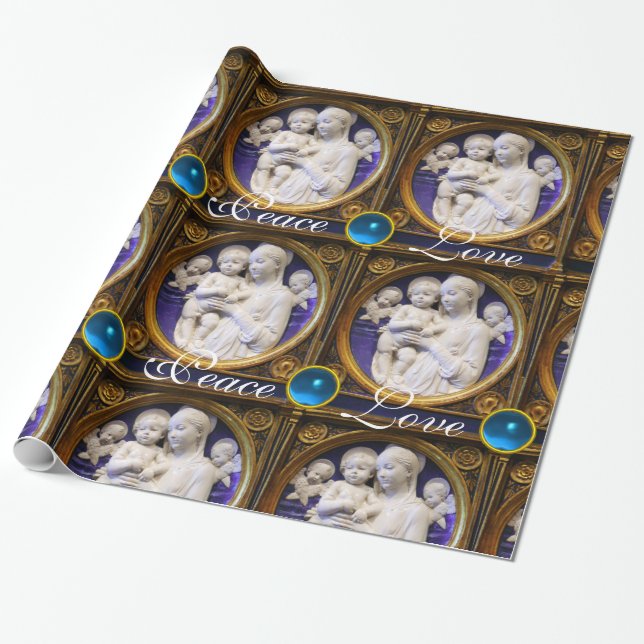 MADONNA AND CHILD WITH BLUE GEMS CHRISTMAS JOY WRAPPING PAPER (Unrolled)