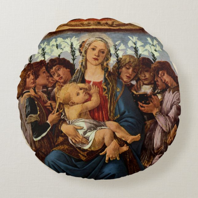 Madonna and Child with Eight Angels by Botticelli Round Cushion (Front)