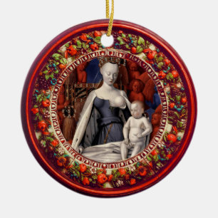 MADONNA, CHILD.ANGELS Red Floral Crown Christmas Ceramic Ornament