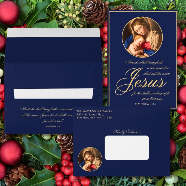 Madonna & Child Nativity Scene Religious Christmas Envelope (Navy blue and gold, religious Christmas envelope with Madonna and Child for Catholics)