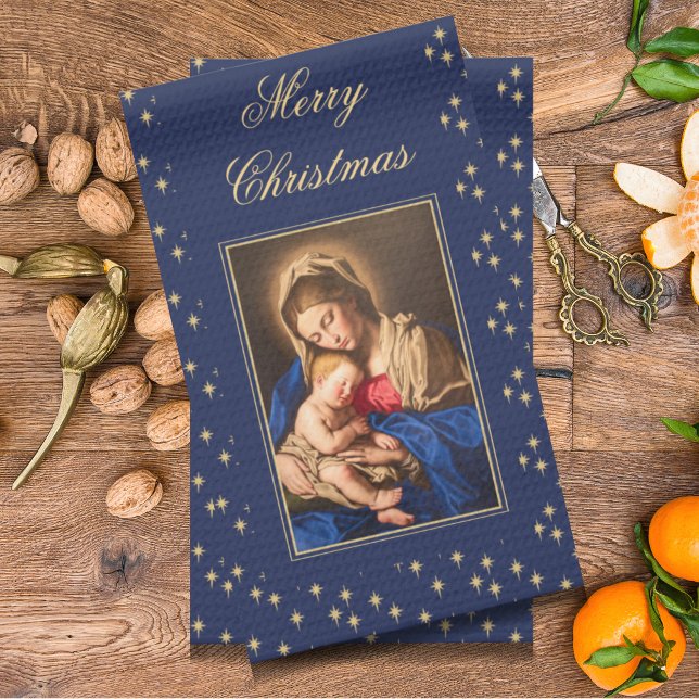 Madonna & Child Religious Christmas Decorations Tea Towel (Blue and gold, Madonna and Child religious Christmas towel. Great as a decoration or gift.)