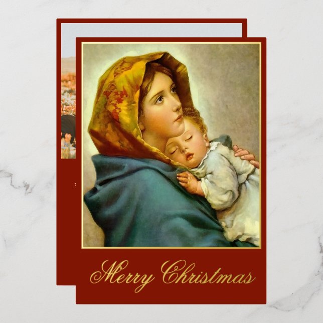 Madonna & Child Religious Christmas with Photo Foil Holiday Card (Front/Back)
