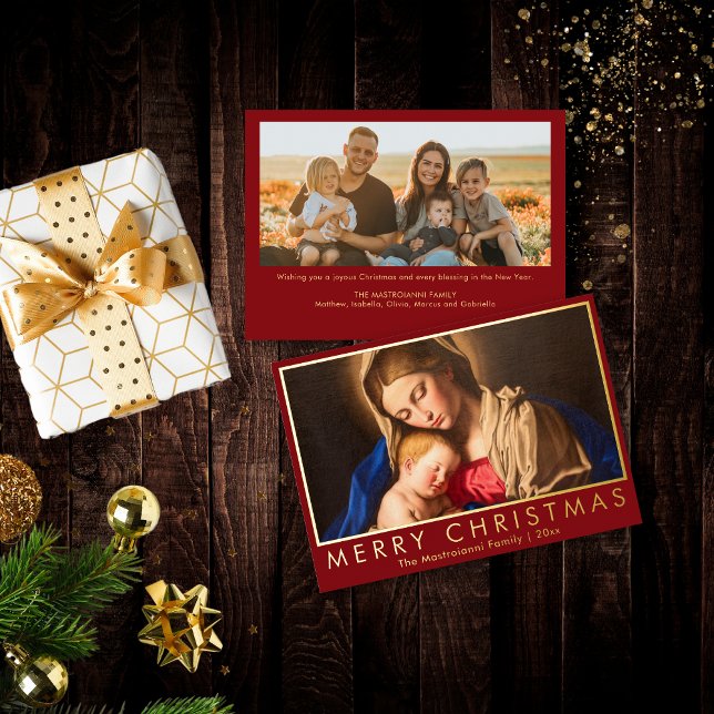 Madonna & Child Religious Christmas with Photo Foil Holiday Card (Real gold foil religious Christmas card with Madonna and Child and family photo on red background.)