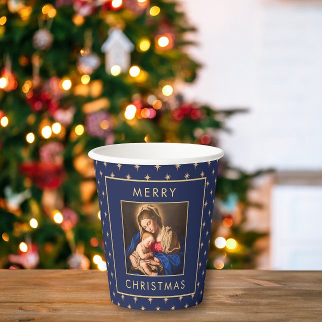Madonna & Child Traditional Christmas Party Paper Cups (Religious Christmas paper cup with Madonna and Child in navy blue and gold)