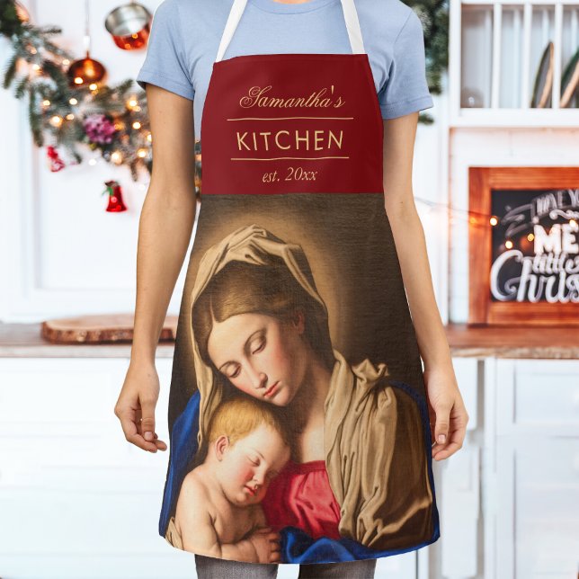 Madonna & Child Traditional Religious Christmas Apron (Religious Christmas apron with Madonna and Child in red and gold for Catholics & Christians.)