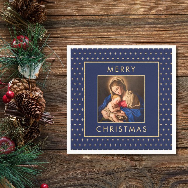 Madonna & Child Traditional Religious Christmas Napkin (Religious Christmas napkin with Madonna and Child in navy blue and gold)