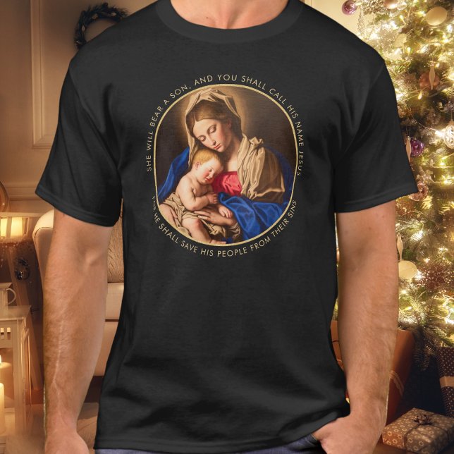 Madonna & Child Traditional Religious Christmas T-Shirt (Madonna and Child religious Christmas t-shirt with Bible verse for Catholics and Christians)