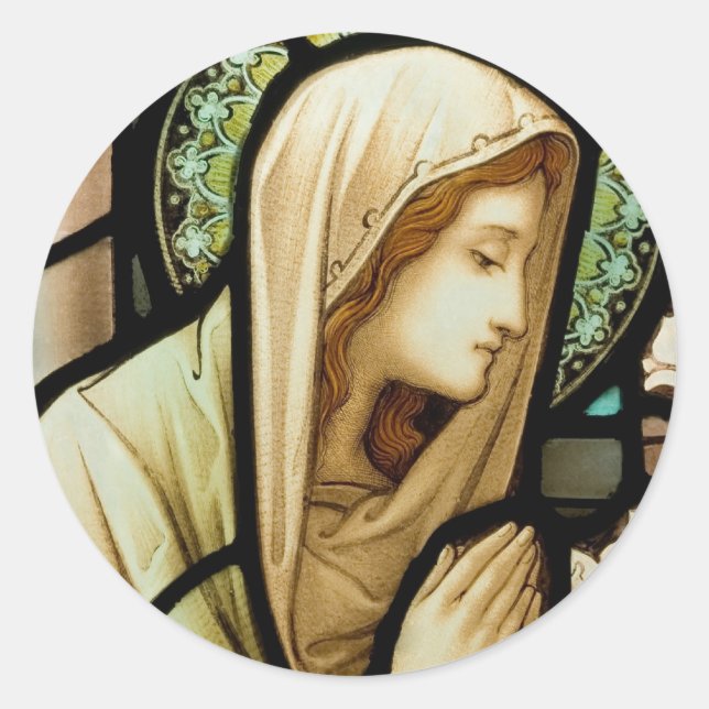 Madonna in Prayer Stained Glass Classic Round Sticker (Front)