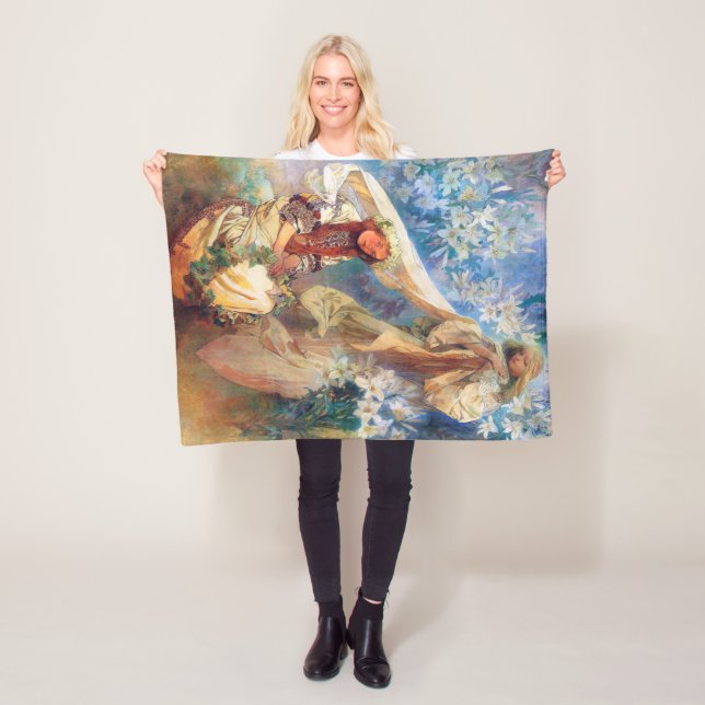Madonna of the Lily, Mucha Fleece Blanket (In Situ)
