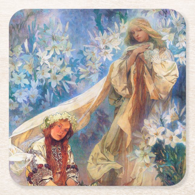 Madonna of the Lily, Mucha Square Paper Coaster (Front)