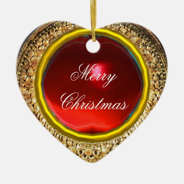 Madonna of the Magnificat / Ruby Gemstone Heart Ceramic Ornament (Front)