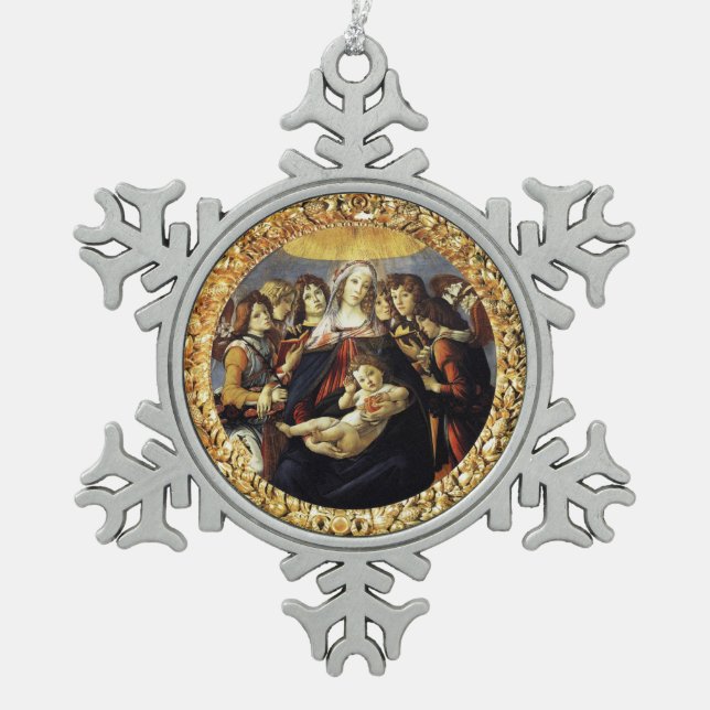 Madonna of the Pomegranate Snowflake Pewter Christmas Ornament (Front)