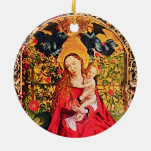 MADONNA OF THE ROSE BOWER MISTLETOES,HOLLY BERRIES CERAMIC ORNAMENT