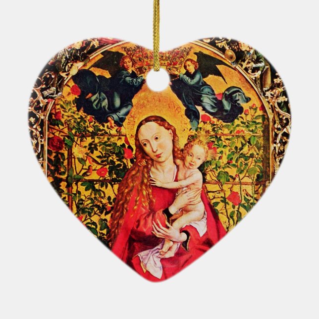 MADONNA OF THE ROSE BOWER MISTLETOES,HOLLY BERRIES CERAMIC TREE DECORATION (Back)