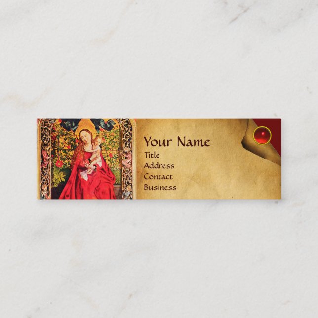 MADONNA OF THE ROSE BOWER PARCHMENT ,Red Ruby Gem Mini Business Card (Front)