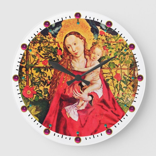 MADONNA OF THE ROSE BOWER,PINK FUCHSIA GEMS, White Large Clock (Front)