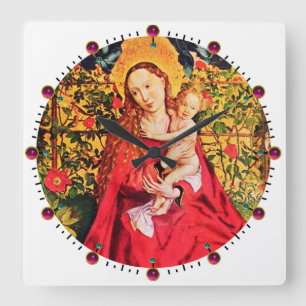 MADONNA OF THE ROSE BOWER,PINK FUCHSIA GEMS, White Square Wall Clock
