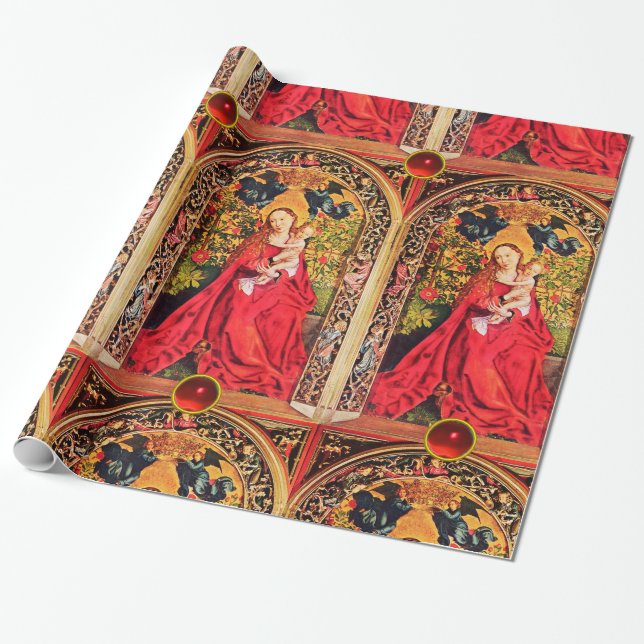 MADONNA OF THE ROSE BOWER ,RED RUBY GEMSTONES WRAPPING PAPER (Unrolled)