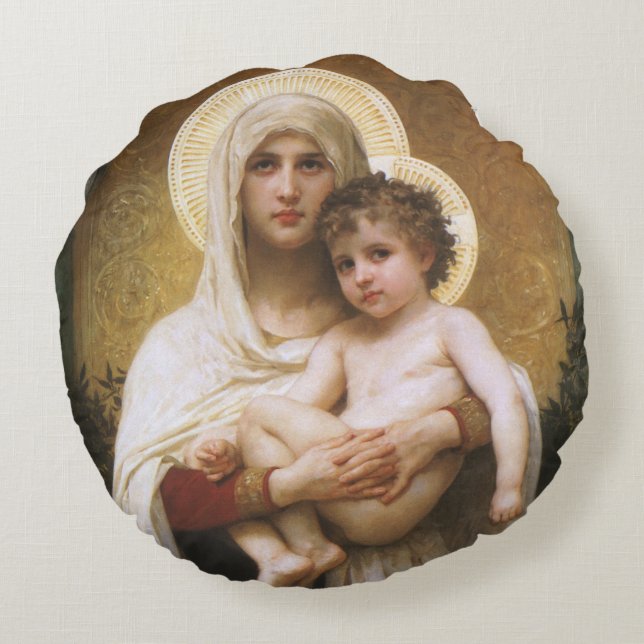 Madonna of the Roses by Bouguereau Round Cushion (Back)