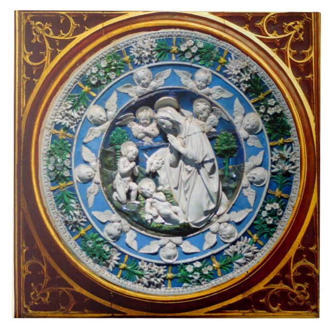 MADONNA WITH CHILD AND ANGELS FLORAL CROWN TILE (Front)