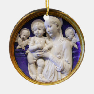 MADONNA WITH CHILD AND ANGELS Round Blue Sapphire Ceramic Tree Decoration