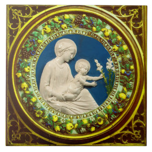 MADONNA WITH CHILD AND WHITE LILIES FLORAL CROWN CERAMIC TILE