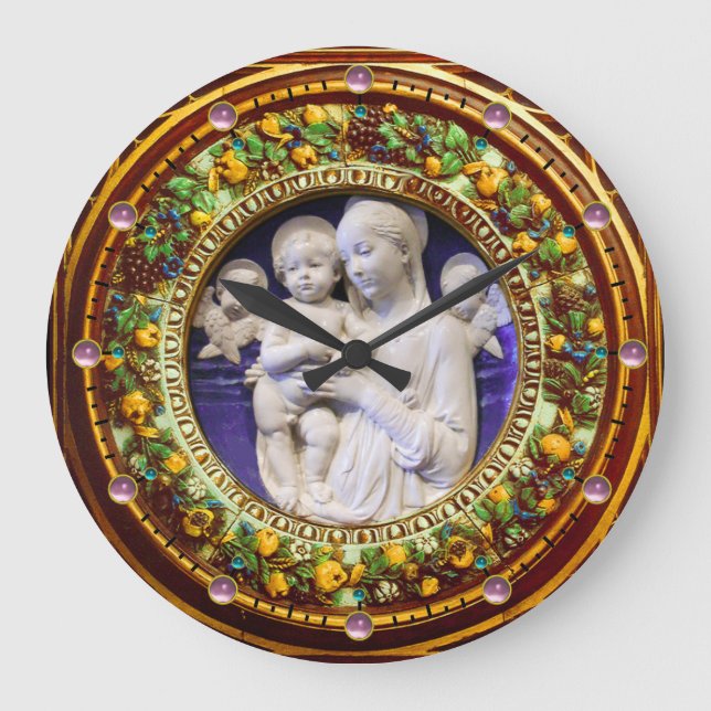 MADONNA WITH CHILD,ANGELS FLORAL RENAISSANCE CROWN LARGE CLOCK (Front)
