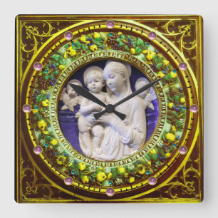 MADONNA WITH CHILD,ANGELS FLORAL RENAISSANCE CROWN SQUARE WALL CLOCK