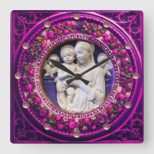 MADONNA WITH CHILD,ANGELS FLORAL RENAISSANCE CROWN SQUARE WALL CLOCK
