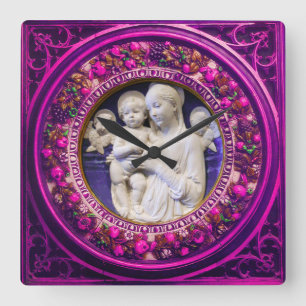 MADONNA WITH CHILD,ANGELS FLORAL RENAISSANCE CROWN SQUARE WALL CLOCK