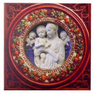 MADONNA WITH CHILD,ANGELS RENAISSANCE FLORAL CROWN CERAMIC TILE